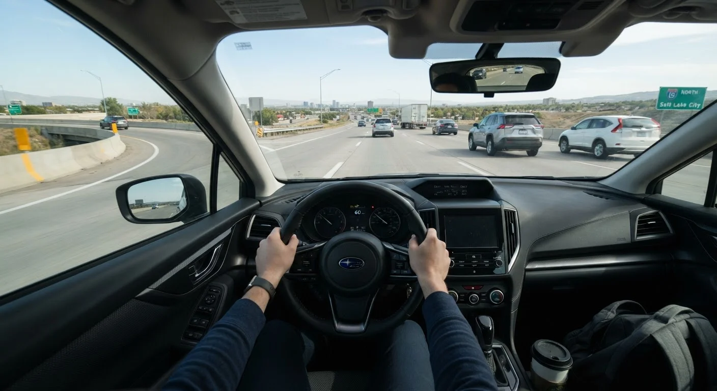 Driver's perspective from an on-ramp approaching a busy highway merge zone in daylight