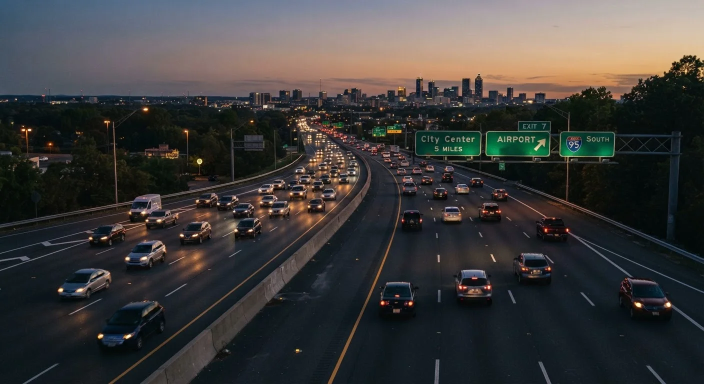 Multi-lane highway at dusk with cars driving safely in organized lanes under road signs