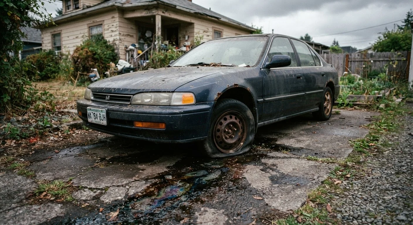 A neglected car with a flat tire and oil stains on a residential driveway.